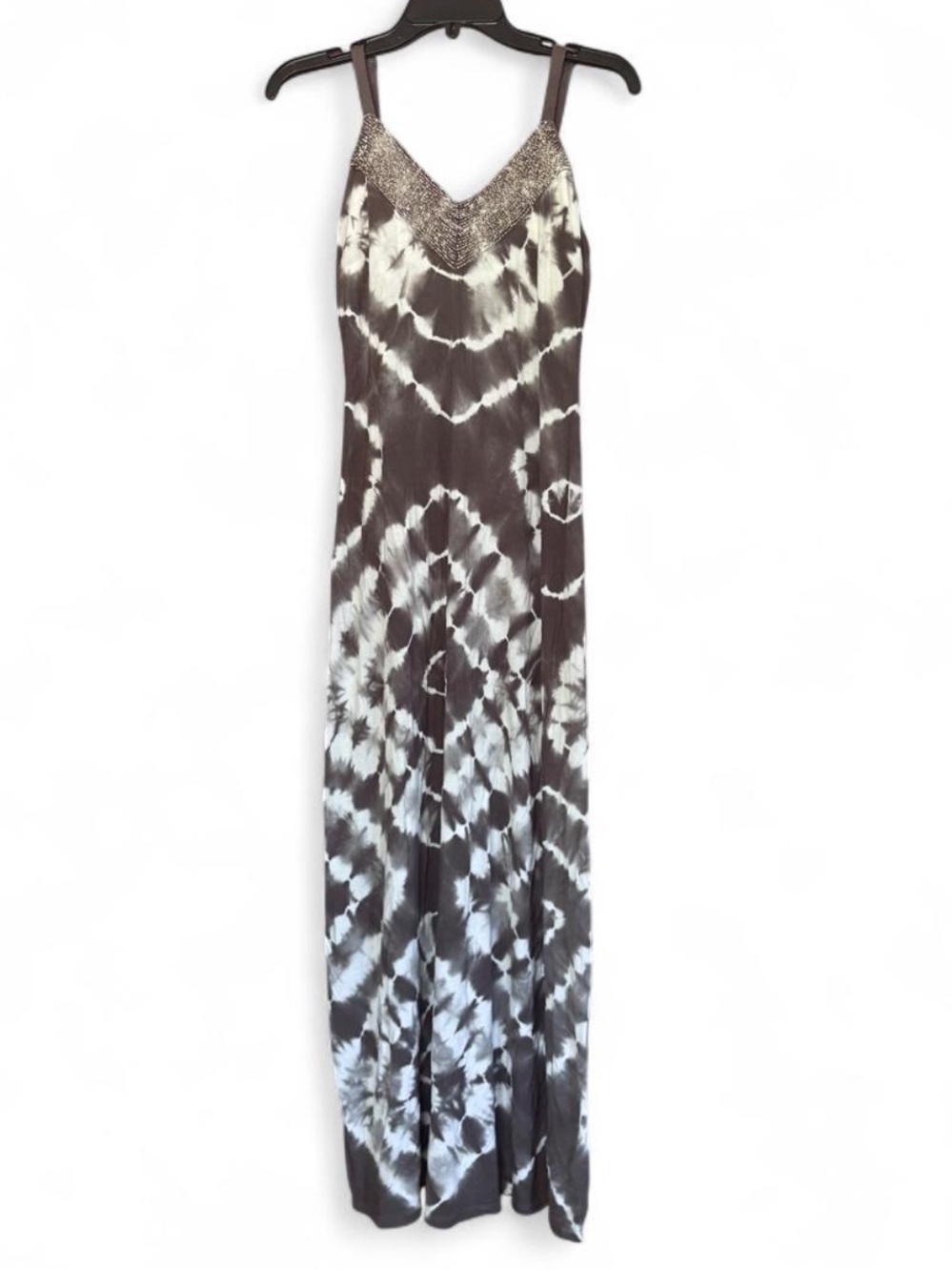 INC International Concepts Gray and White Tie-Dye Maxi Dress with Beaded V-Neck